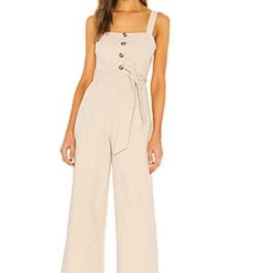 Privacy Please Linen Cream and Gold Lined Metallic Jumpsuit Front Pockets Size M